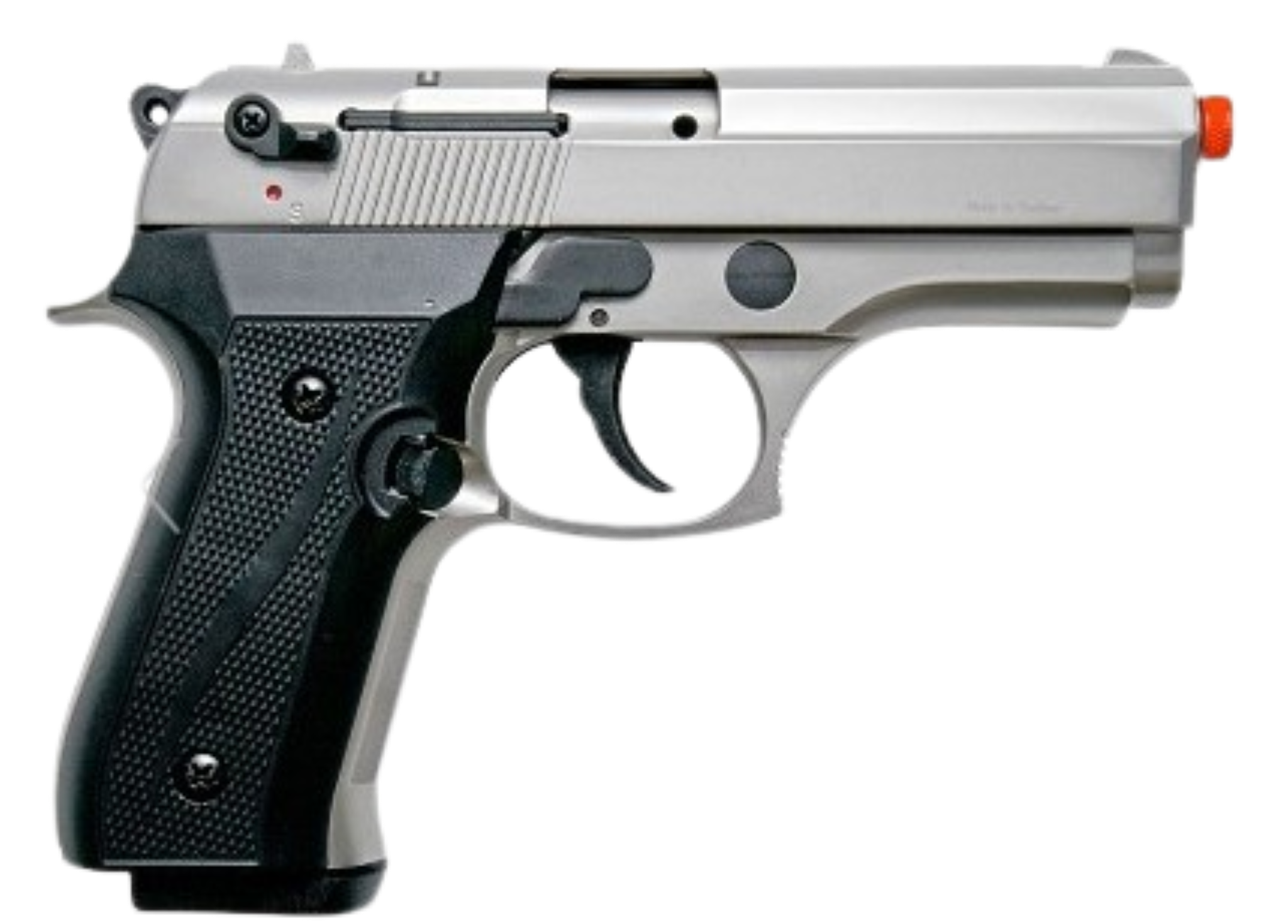 Pistol with black grip and silver body on a white background